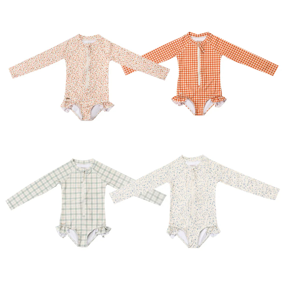 Long Sleeve Rashguard Ruffle Swimsuit | UPF + Recycled - Sienna Gingham | Pre-Order SS27