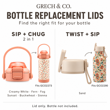 Replacement lid compatibility: Sip + Chug fits GCO2273; Twist + Sip Sand fits GCO2290. Bottle not included.