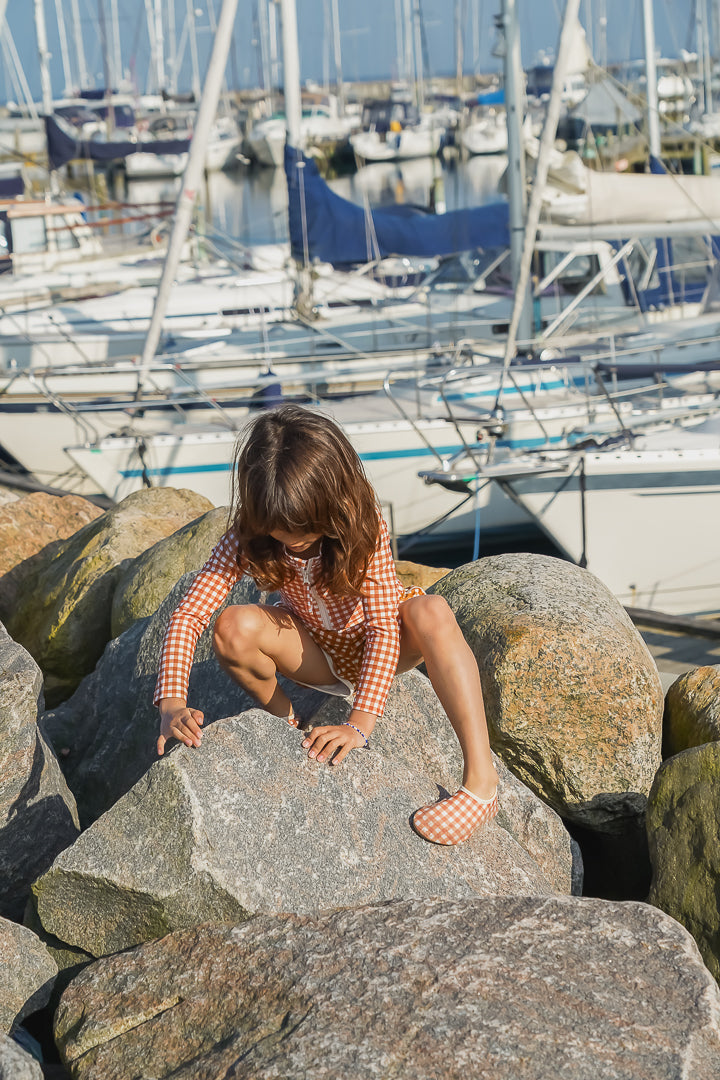 Long Sleeve Rashguard Ruffle Swimsuit | UPF + Recycled - Sienna Gingham | Pre-Order SS27