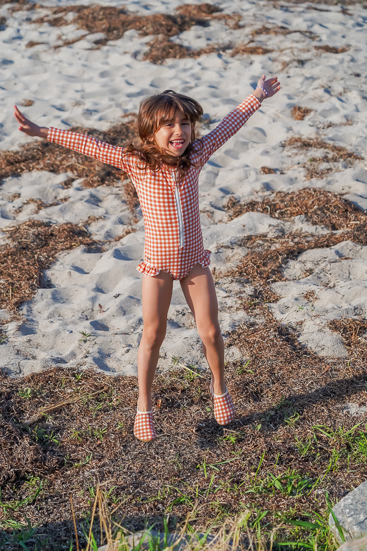 Long Sleeve Rashguard Ruffle Swimsuit | UPF + Recycled - Sienna Gingham | Pre-Order SS27