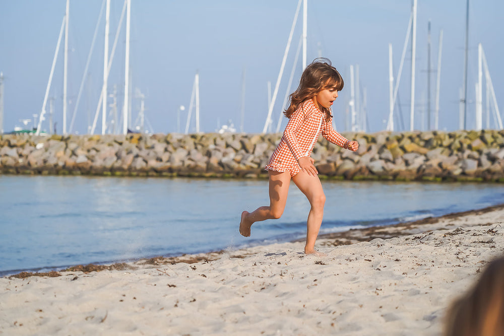 Long Sleeve Rashguard Ruffle Swimsuit | UPF + Recycled - Sienna Gingham | Pre-Order SS27