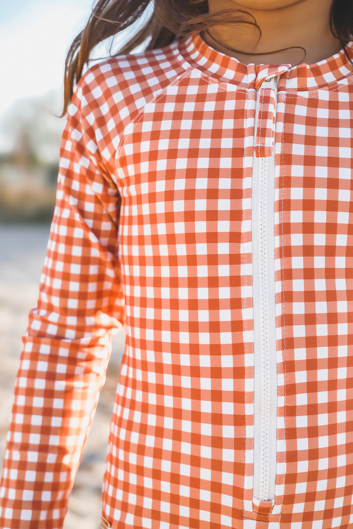 Long Sleeve Rashguard Ruffle Swimsuit | UPF + Recycled - Sienna Gingham | Pre-Order SS27