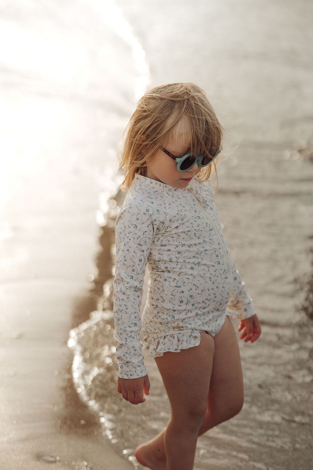 Long Sleeve Rashguard Ruffle Swimsuit | UPF + Recycled - Scandi Floral