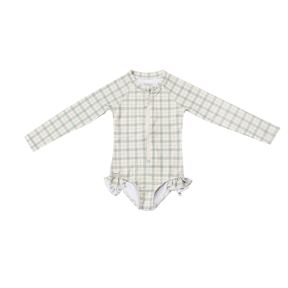 Long Sleeve Rashguard Ruffle Swimsuit | UPF + Recycled - Fern Plaid | Pre-Order SS27