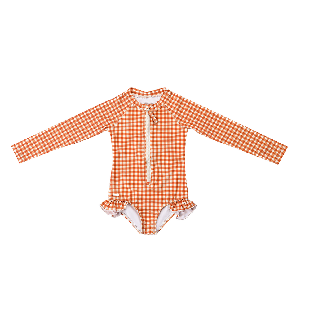 Long Sleeve Rashguard Ruffle Swimsuit | UPF + Recycled - Sienna Gingham | Pre-Order SS27