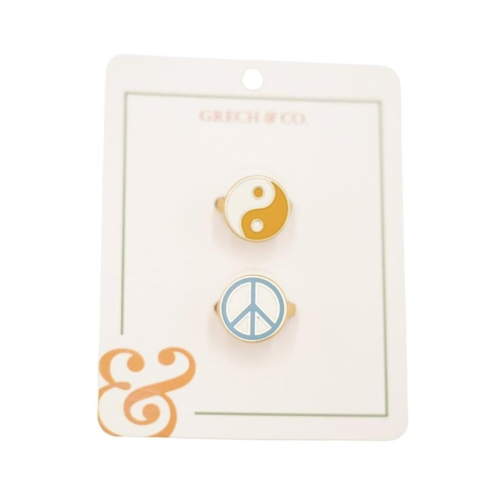GRECH & CO. Enamel Rings-Kids set of 2 pairs Jewelry Ying Yang+Peace sign